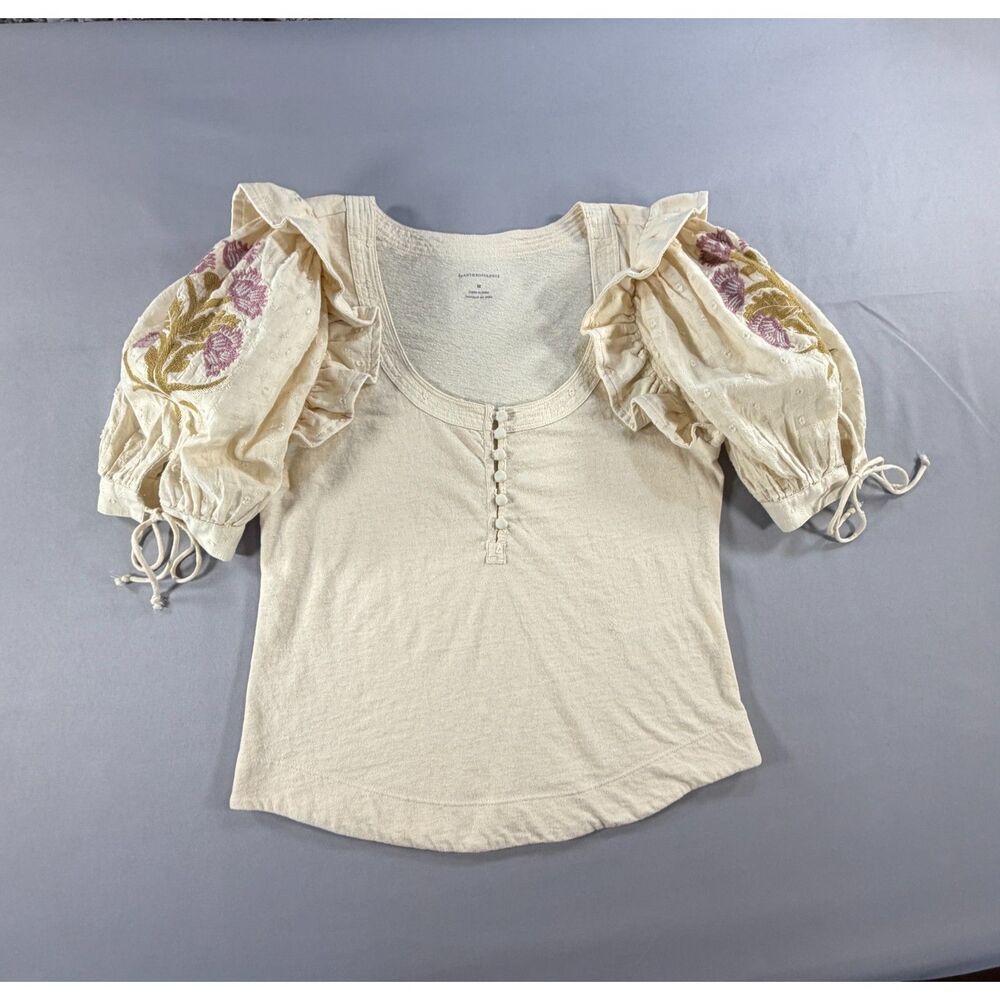 Anthropologie Puff Sleeve Henley Top M Embroidered Boho Cottagecore Ivory
